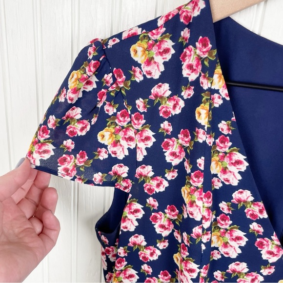 Betsey Johnson Navy Blue Floral Print Chiffon Fit and Flare Dress Women's Size 6 - Picture 13 of 14